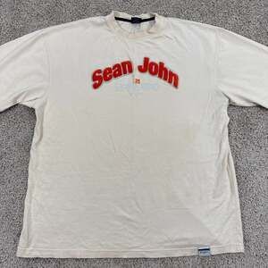 Vintage Sean John Collection Spellout Shirt Mens XL Cream Chenille Logo Y2K EUC